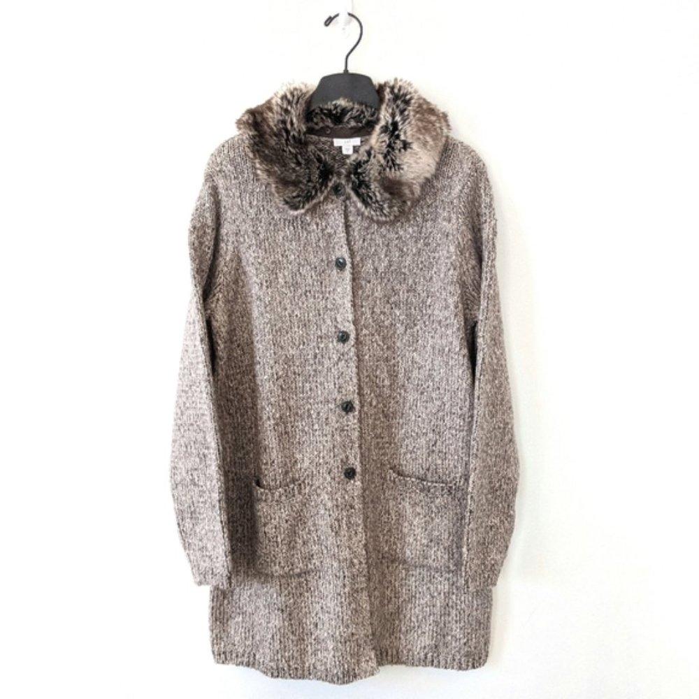 J. Jill Brown Long Tweed Sweater Coat  Cardigan Faux Fur Collar Removable Medium